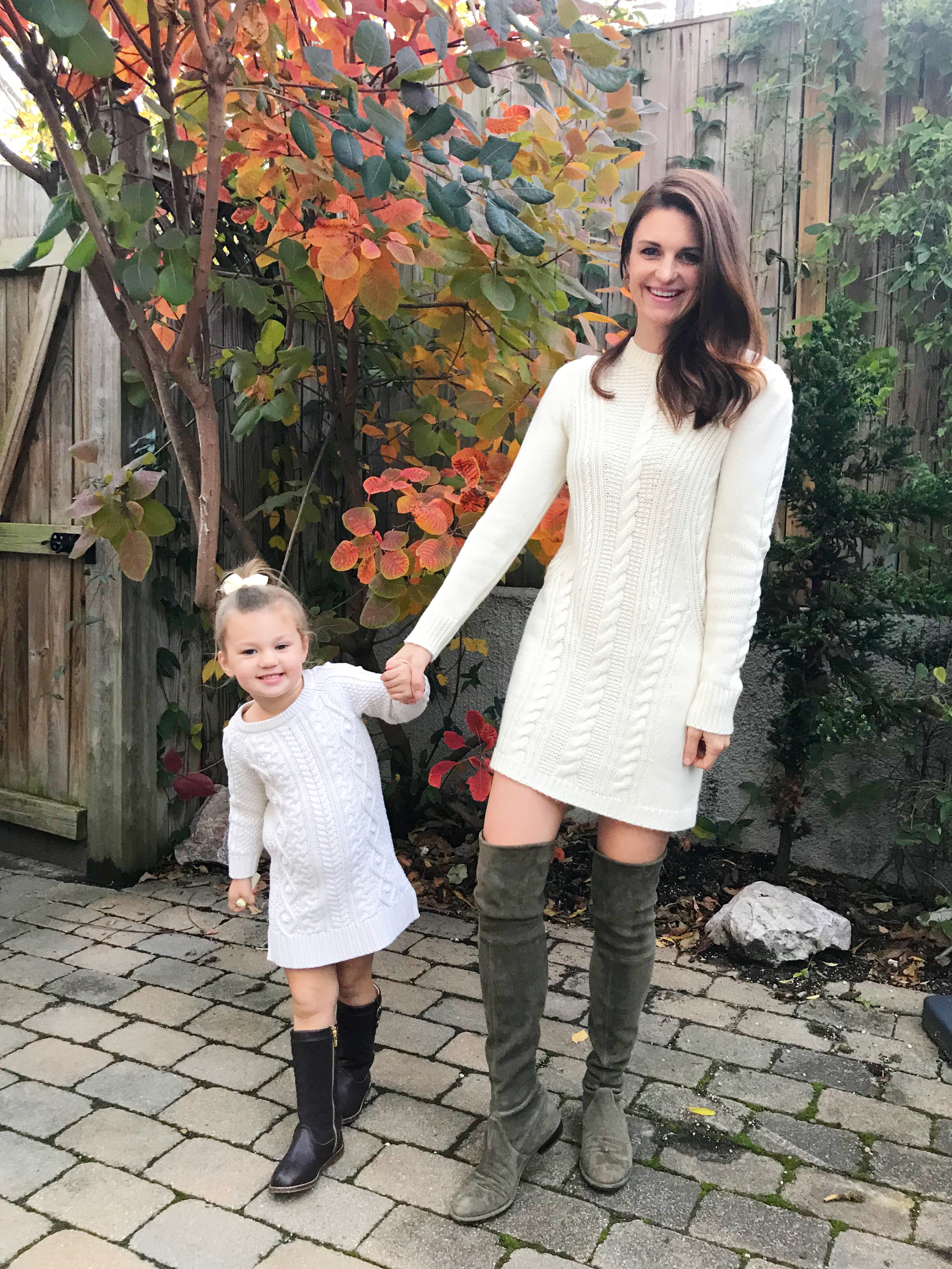 matching mom and daighter sweater dress. mom style. girl mom over the knee boots
