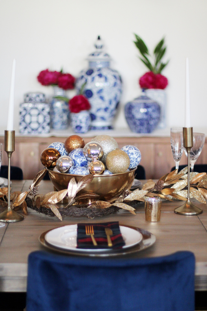 Holiday table setting.  Plaid Napkins Christmas tablescape. Gold accents.  Finding Beauty Mom.  Deep red peonies with chinoiserie.