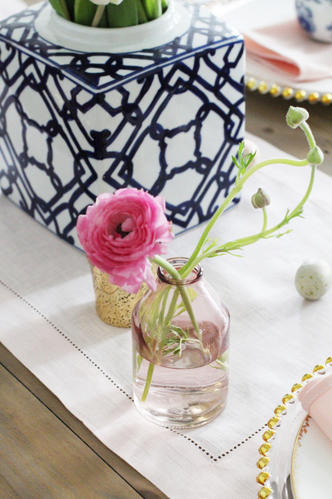 Easter tablescape. Blush + Blue table. Chinoiserie. Dinner party floral arrangements. Wedding flower inspiration.