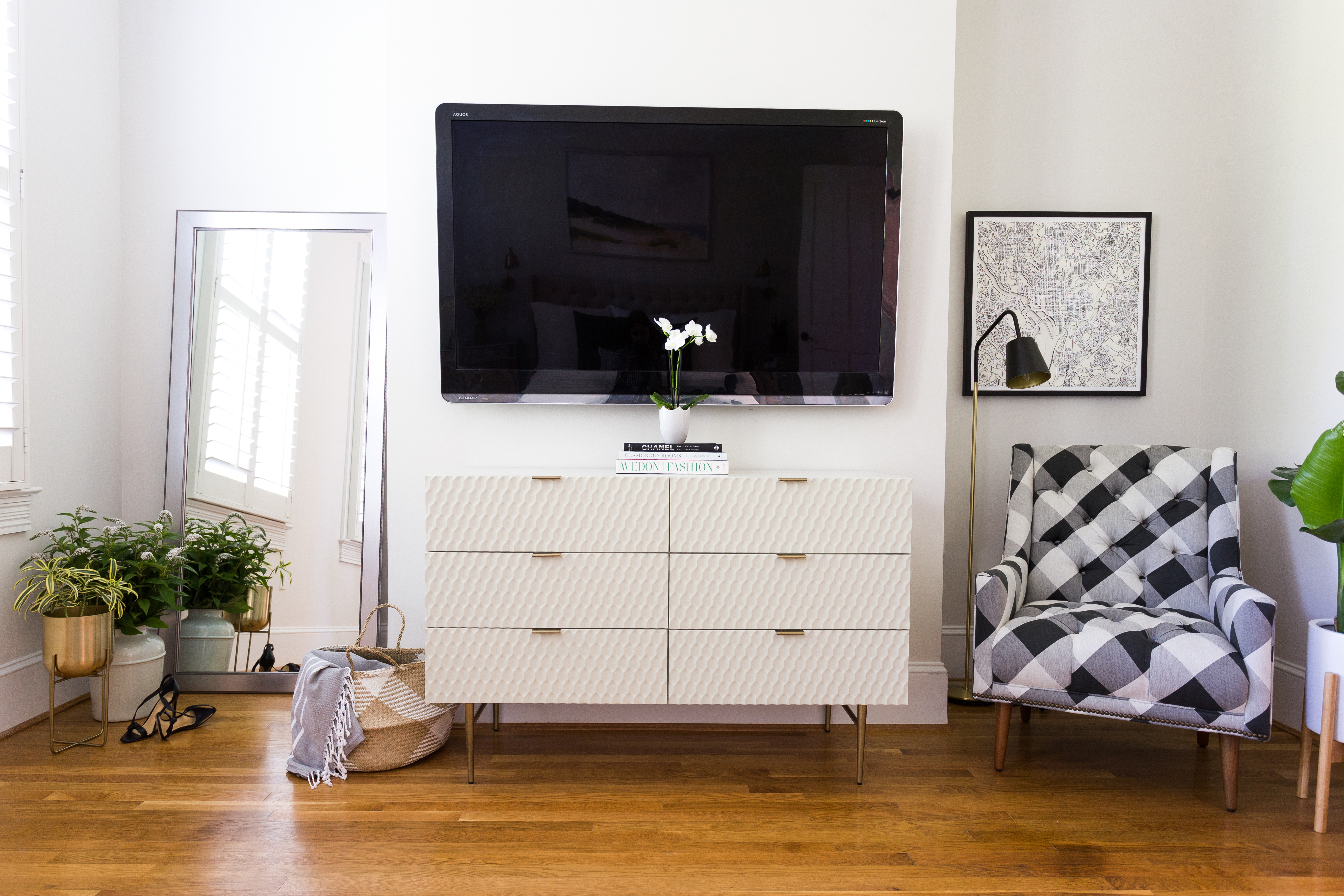 TV in Master bedroom. dresser style. west elm. modern home decor.