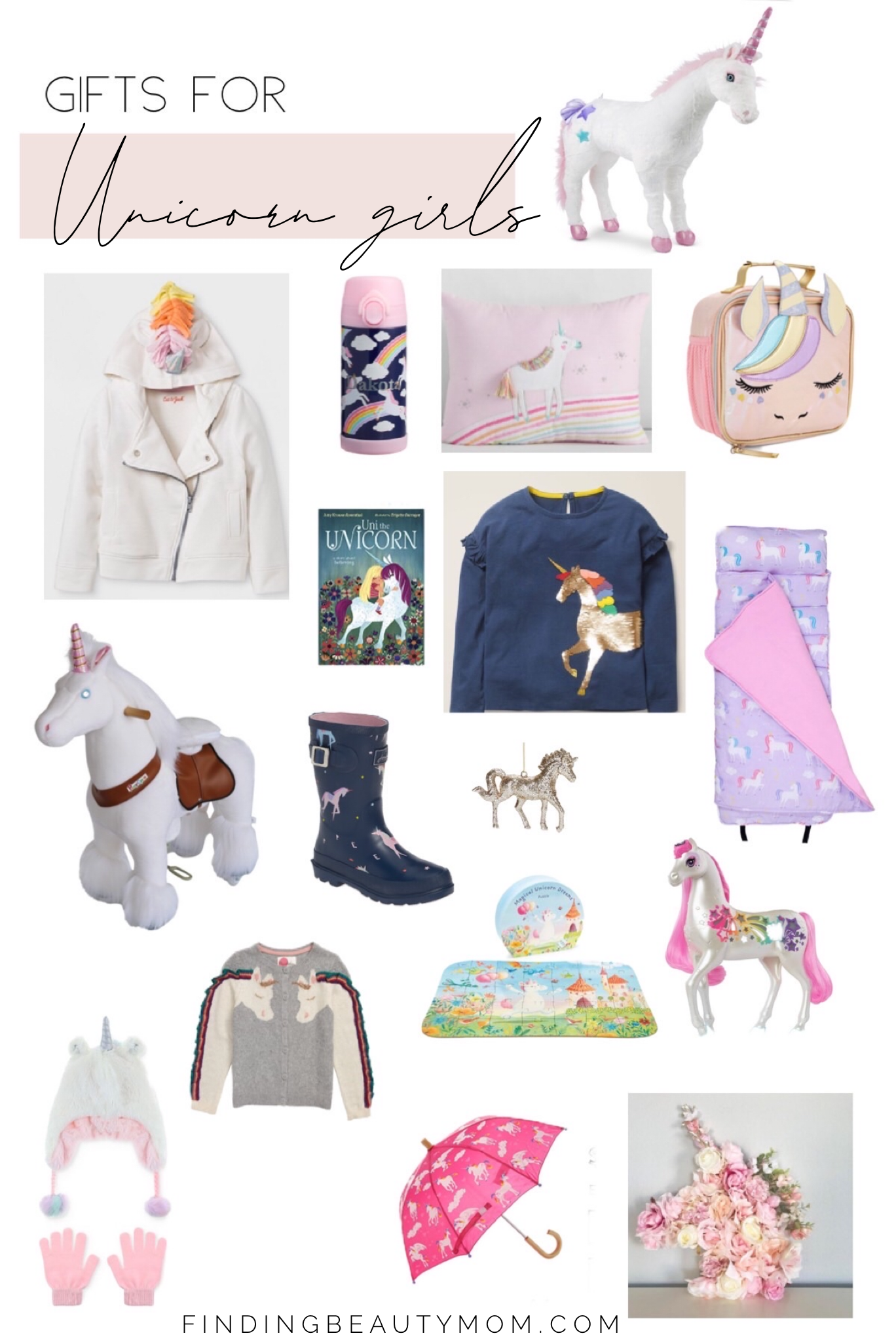 Gift guide for unicorn lovers. Girl gifts. Rainbows and unicorns