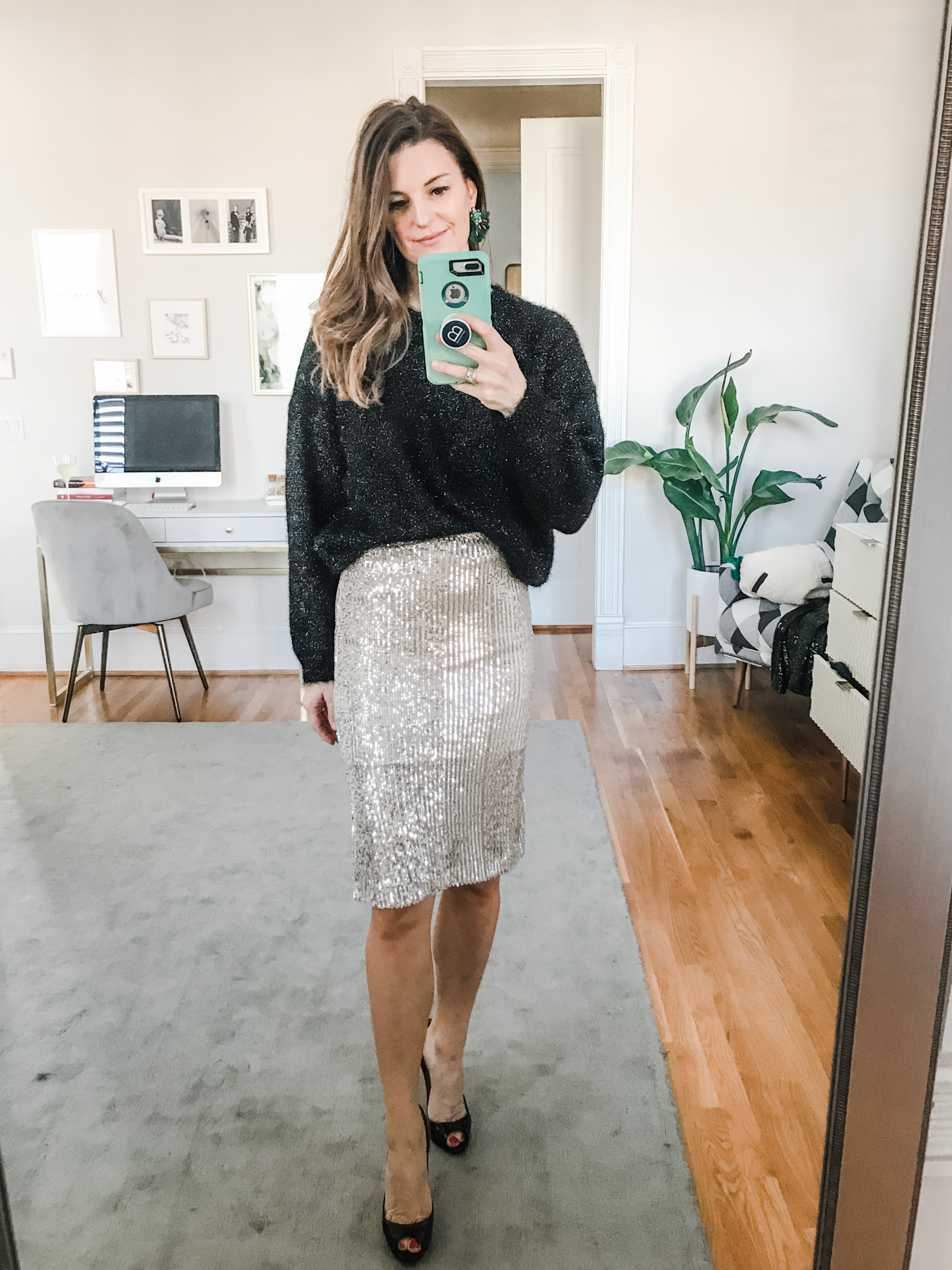 Sezane sweater / sequin skirt / New Year’s Eve look/ holiday outfits/ winter outfits