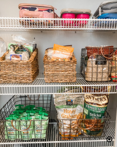 Pantry Organization, wire baskets for food storage, pantry shelves, food organizing