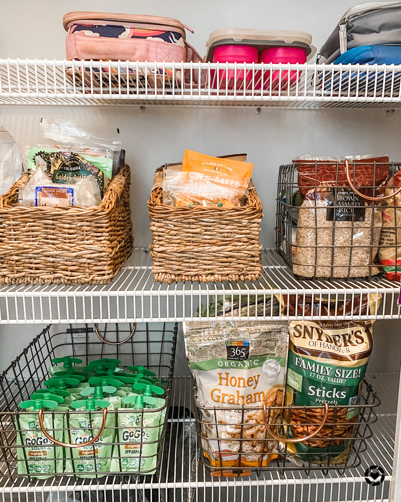 Pantry Organization, wire baskets for food storage, pantry shelves, food organizing 