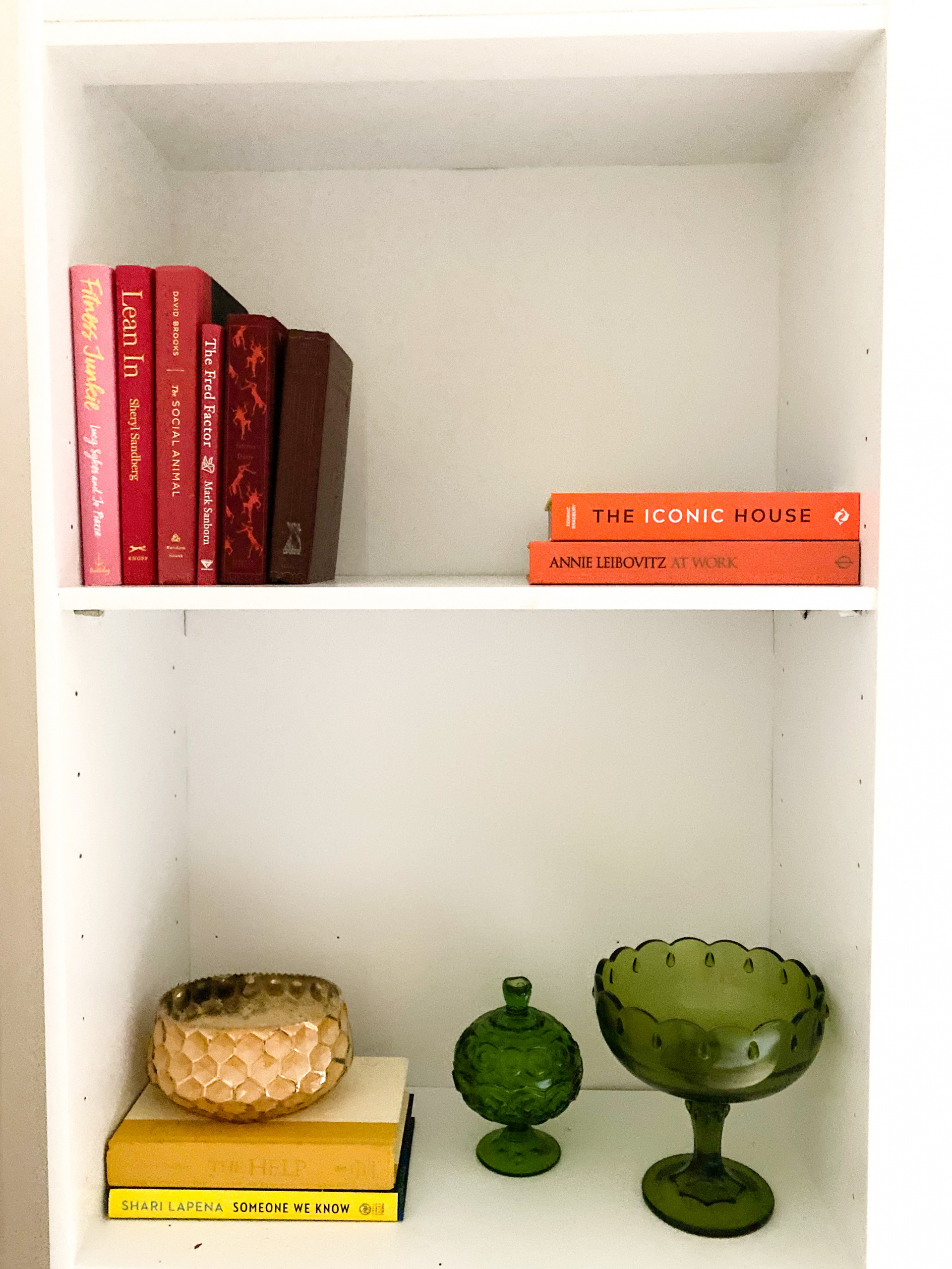 Rainbow book shelf styling, 