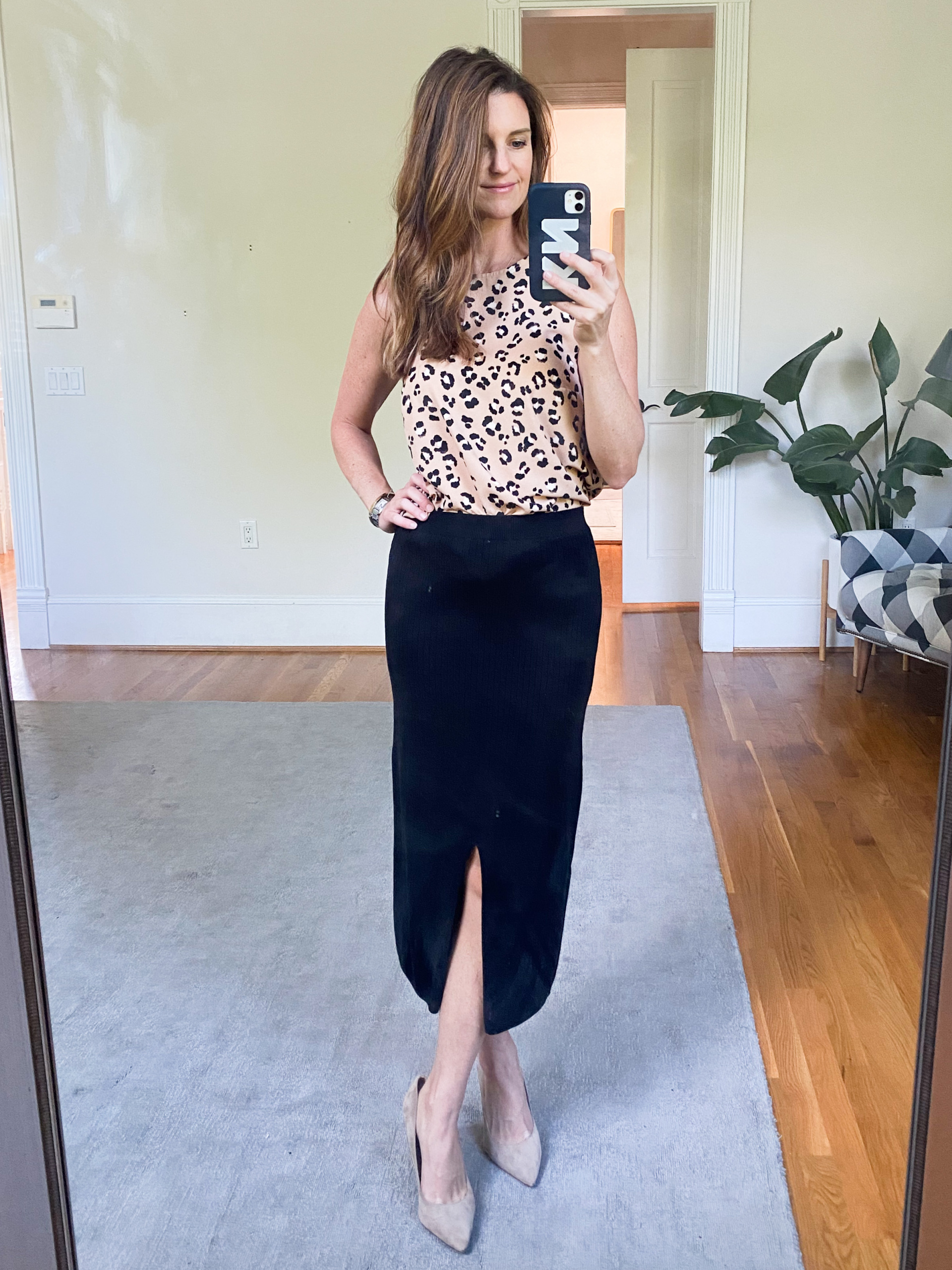 Knit midi skirt and leopard top - transition outfit to fall, over thirty outfit ideas, finding beauty mom outfits 