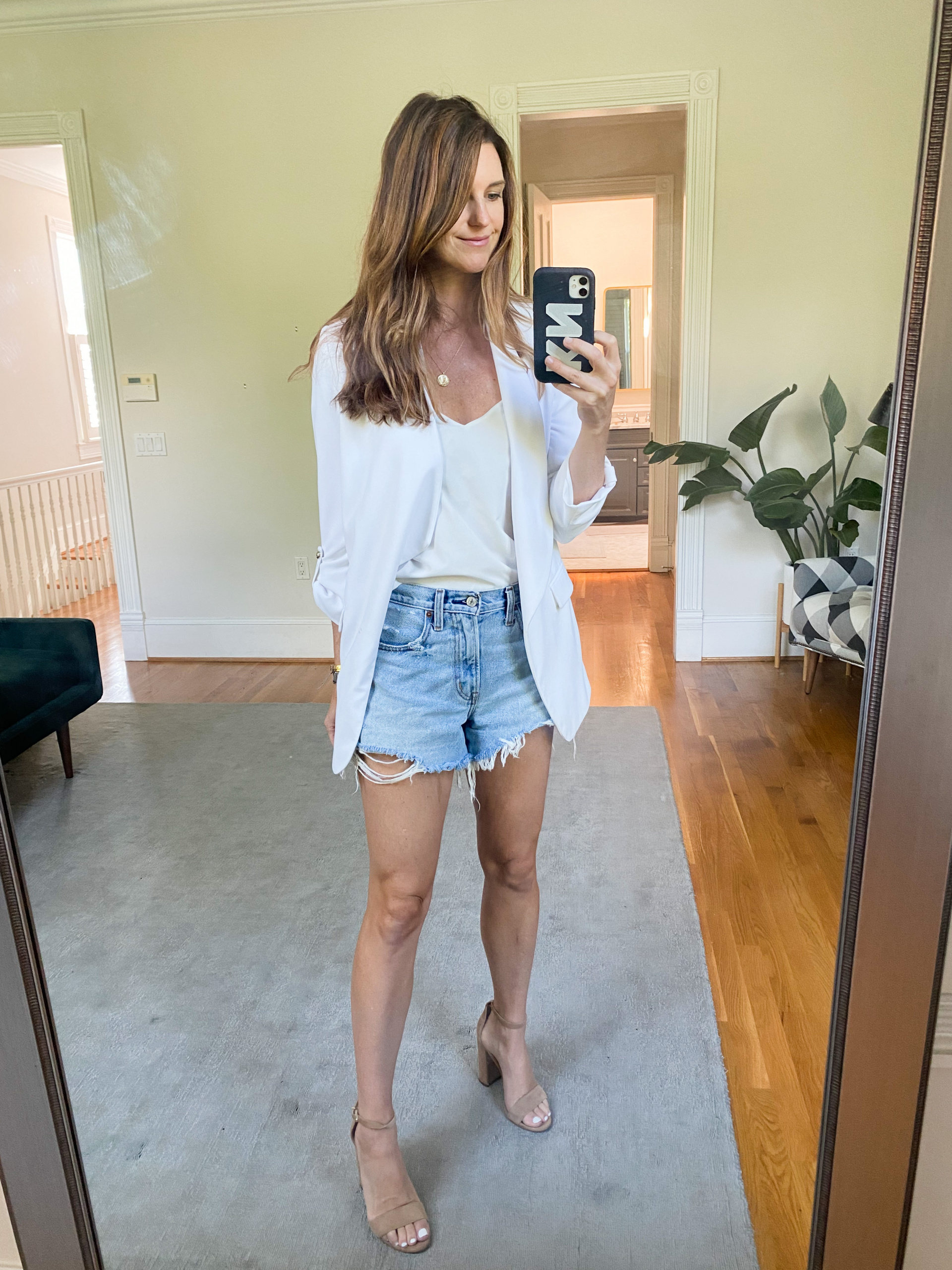 White blazer look for end of summer style, layering ideas for taking wardrobe from summer to fall, finding beauty mom outfit ideas
