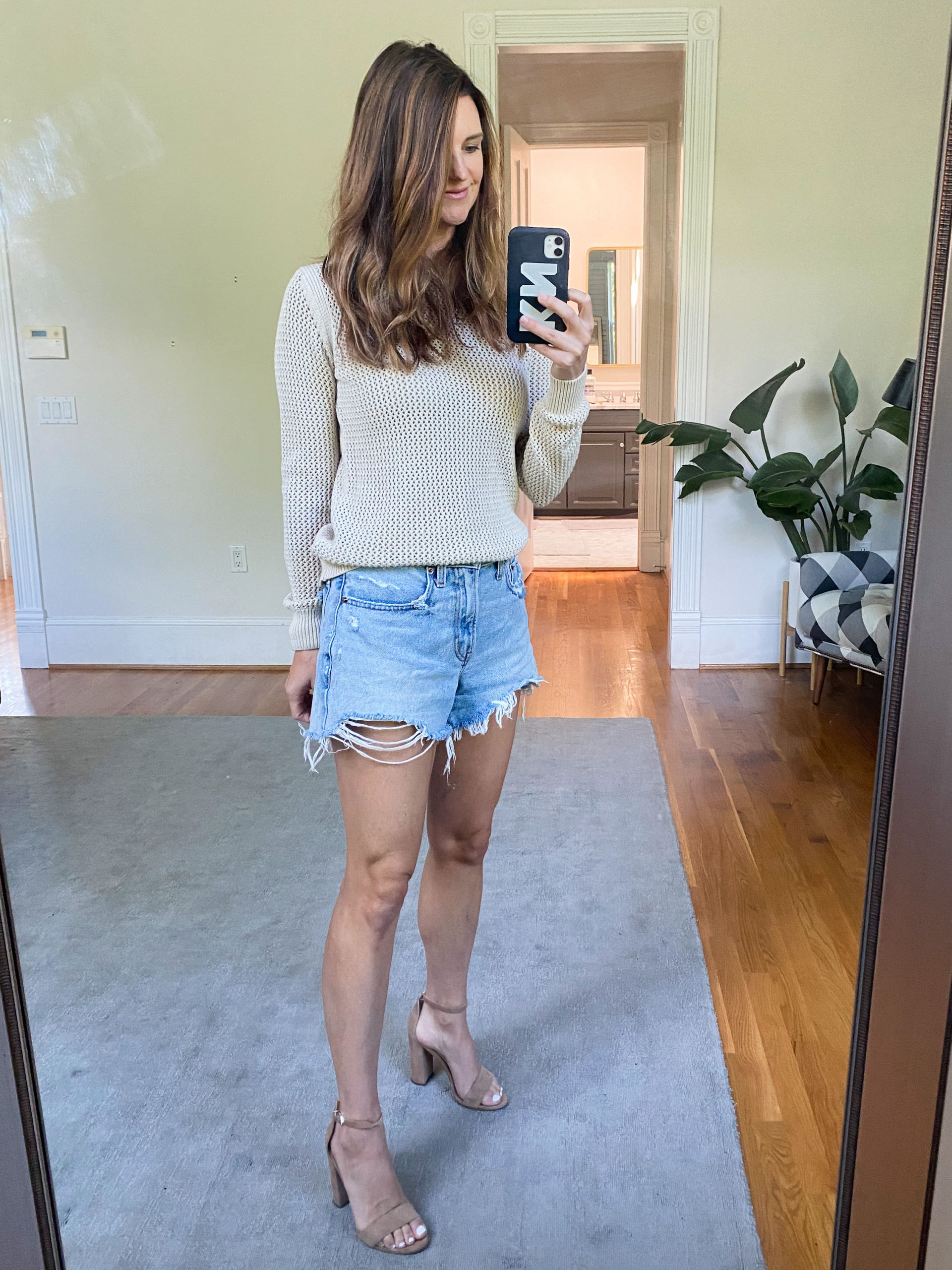 Everlane mesh sweater with denim shorts, cute outfit ideas for end of summer, finding beauty mom outfit ideas 