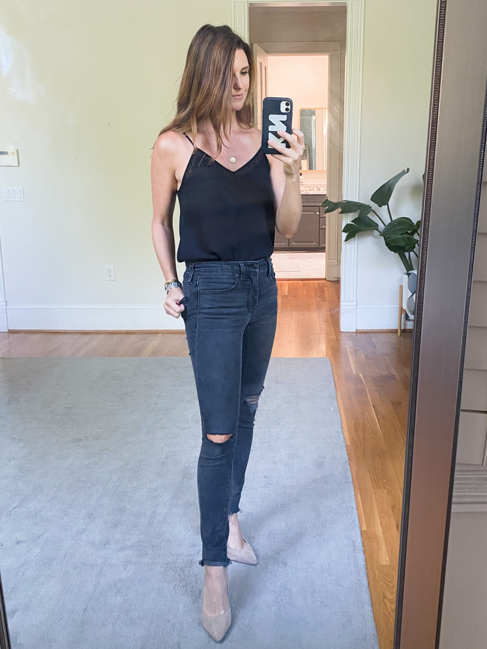 All black cami and denim look, fall outfit ideas, what to wear at the end of summer, neutral style, finding beauty mom outfit ideas 