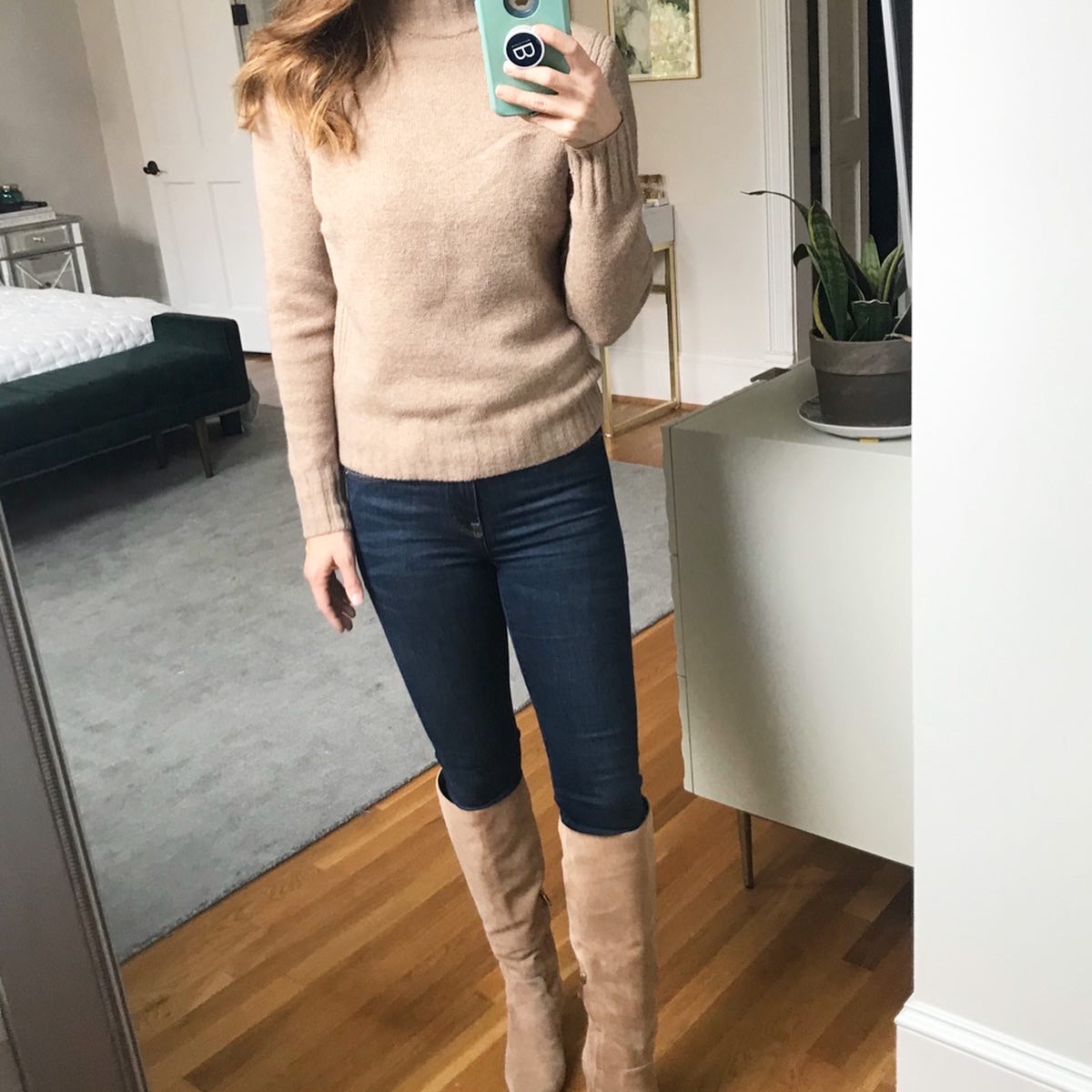 J crew style, beige sweater and high knee boots 