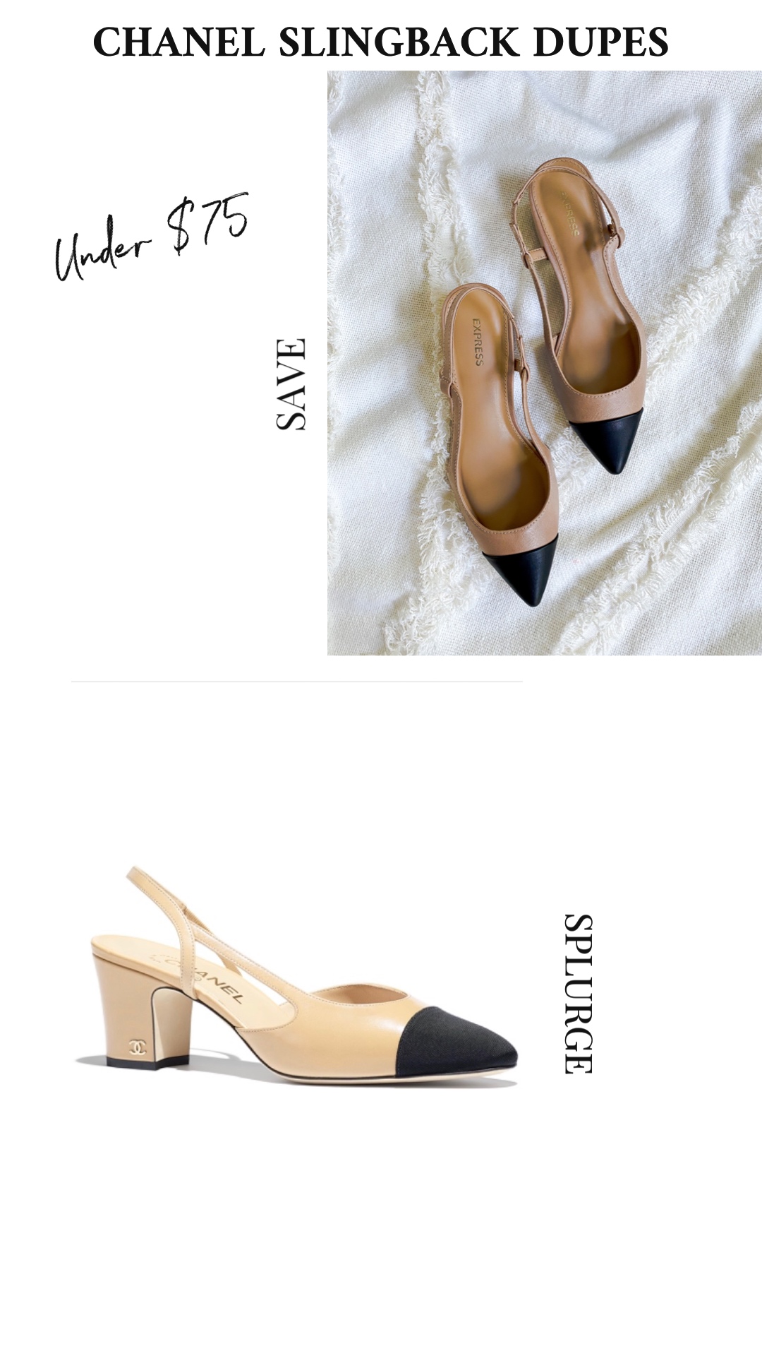 Chanel slingback dupes, Black and Tan shoes, best luxury dupes, Chanel dupes, gifts for her 