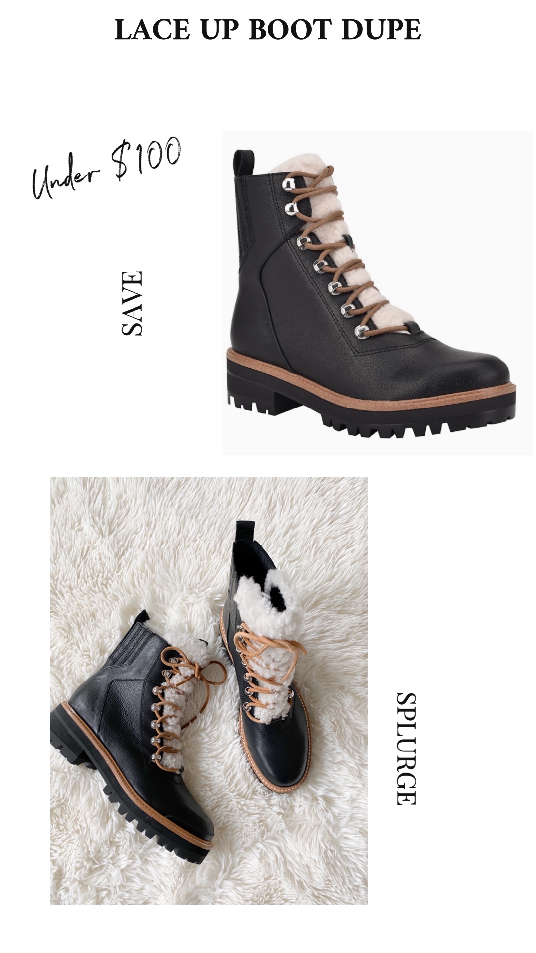 Black combat boots save vs splurge. Luxury dupes and steals, Marc Fischer lace up fur lined boots 