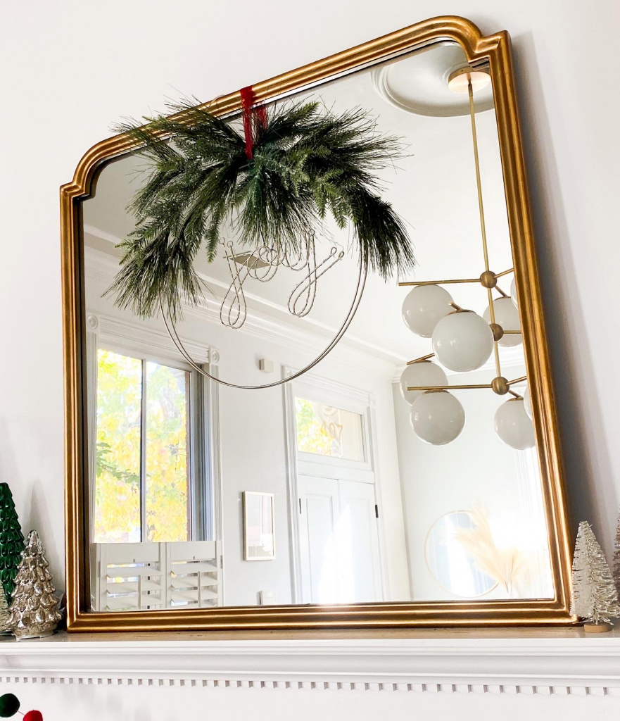 Target holiday decor, Christmas wreath from Target, joy wreath, wreath hanging on mirror over the fireplace, target style home decor, like to know it home