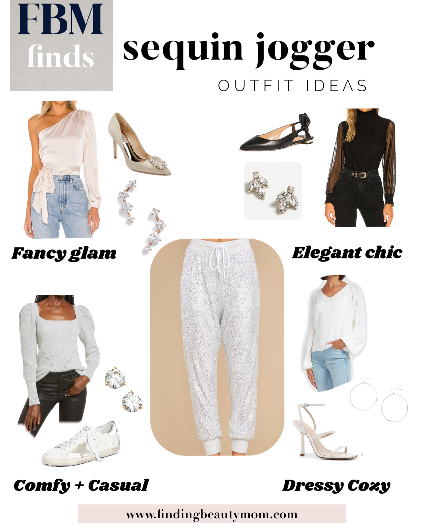 Sequin jogger outfit ideas, how to style sequin joggers, cozy glam styles, elegant chic holiday outfits 
