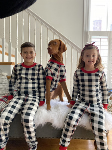 3 family holiday traditions I love, matching family pajamas, holiday pajamas, matching pet pajamas, vizsla puppy first Christmas