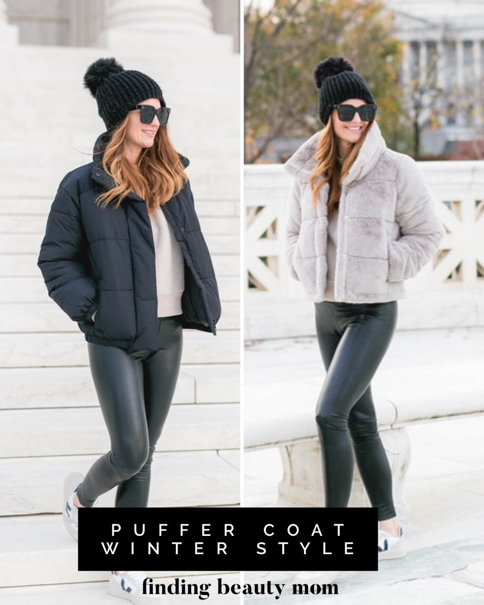 2 puffer jackets for winter, winter style, winter jackets, finding beauty mom style, faux fur puffer coat