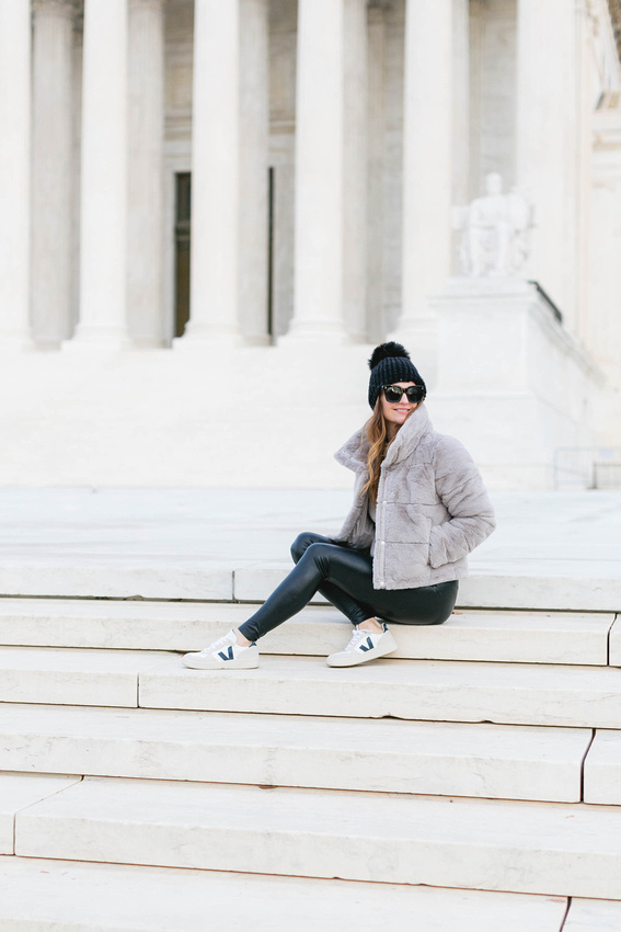 Casual outfits, faux fur jacket, fall jackets, mini puffer style, faux fur jacket with leather leggings, casual style,Winter weekend looks 