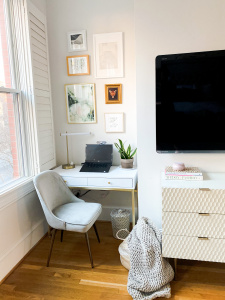 Home office update, office in bedroom, office in corner of master bedroom, blogger office style, neutral home office