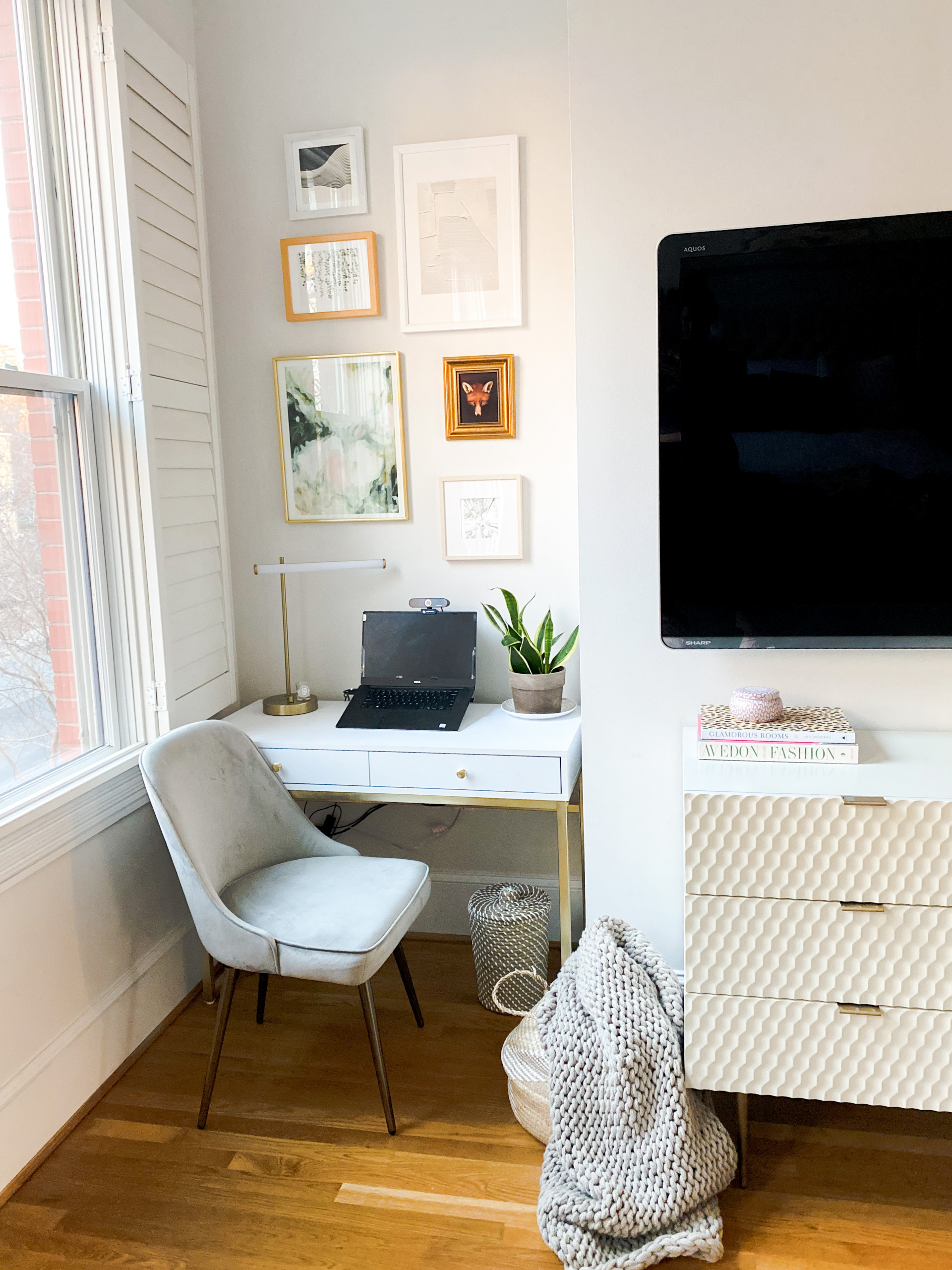 Home office update, office in bedroom, office in corner of master bedroom, blogger office style, neutral home office 