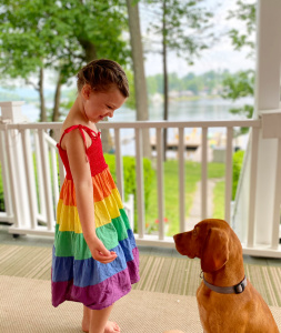 girls outfits, girl dress, summer dress, rainbow dress, viszla puppy, vizsla, girl mom