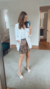 leopard shorts, fall style, summer style, silk shorts, white blazer outfit, blazer style, over forty outfits, over thirty outfits