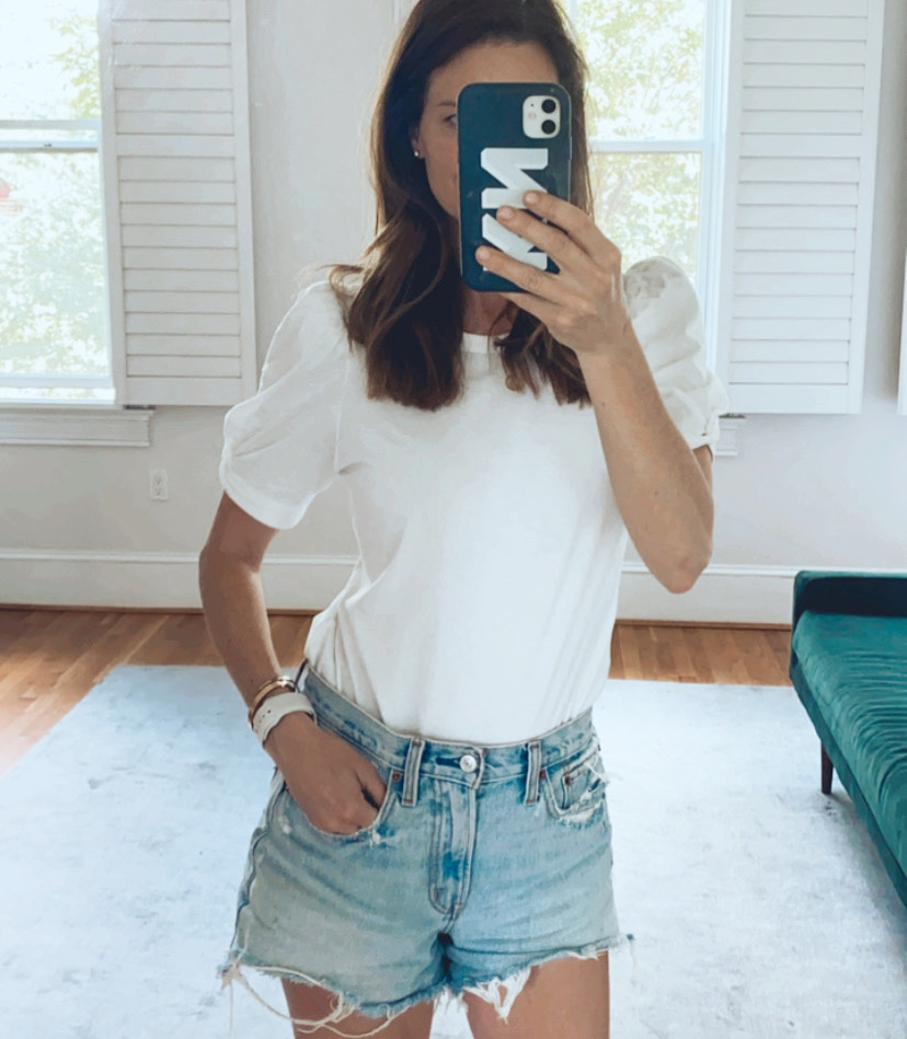 Puff sleeve shirt with denim cut offs. summer style for women, what i wore, blogger style, finding beauty mom outfits for summer