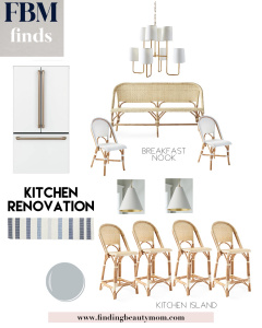kitchen renovation, kitchen update, serena and lily kitchen furniture, rattan barstools, kitchen pendants, white fridge in kitchen, rattan bench