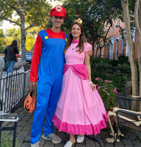 adult mario and peach costume, Nintendo family costumes, princess peach, halloween couple costumes