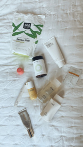 skincare items, tinted moisturizer, epsom salt, hair products, serums, sunscreens