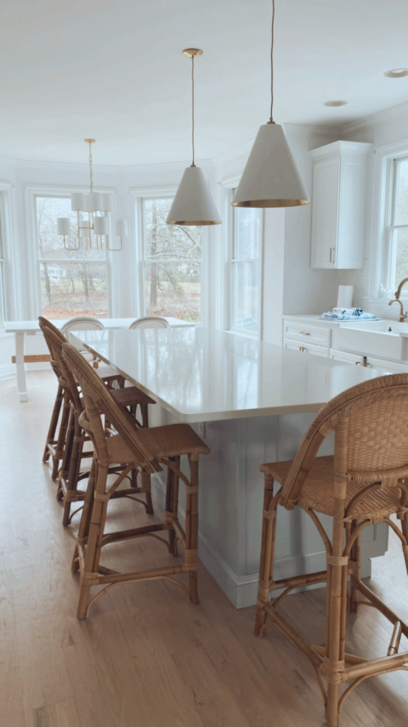 coastal kitchen, rattan counter stools, kitchen lighting, kitchen island inspiration