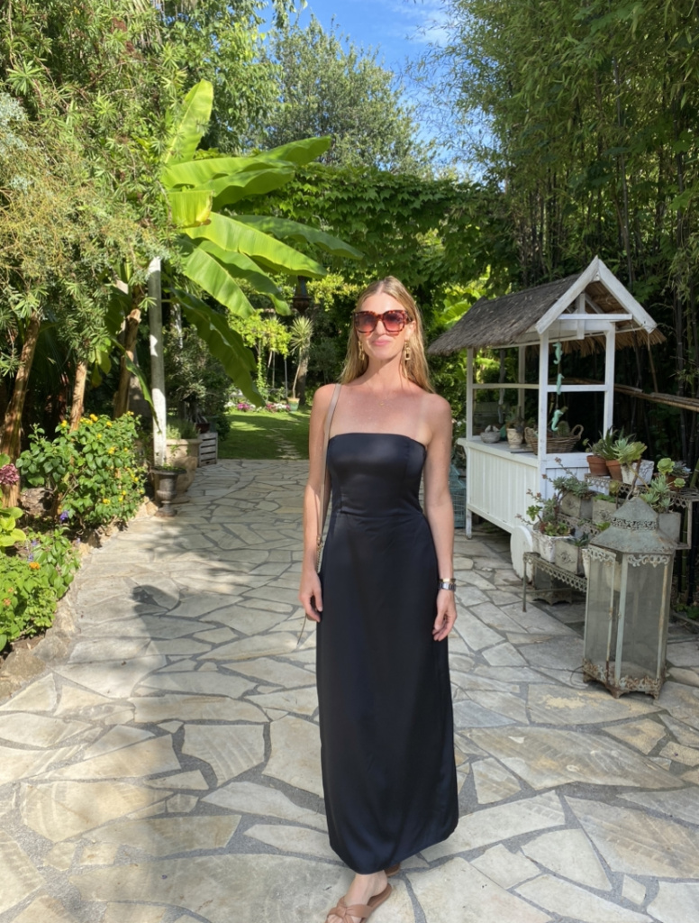 black strapless dress, dinner in south of france